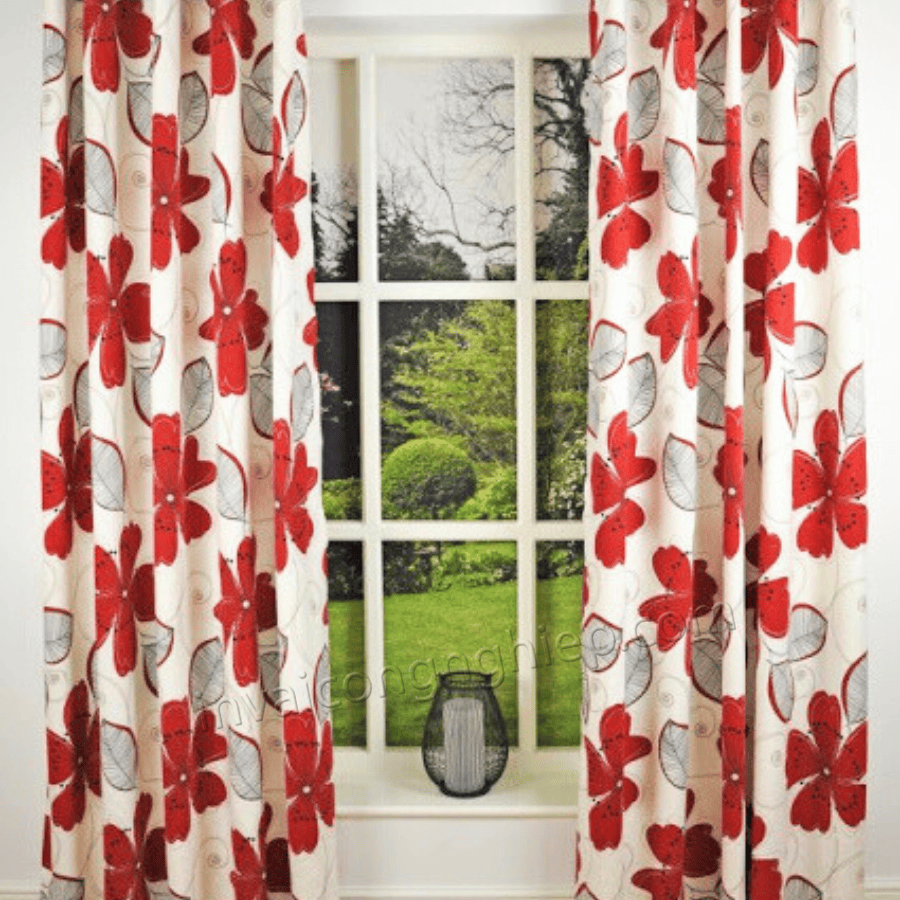 in rèm cửa hoa lá đỏ